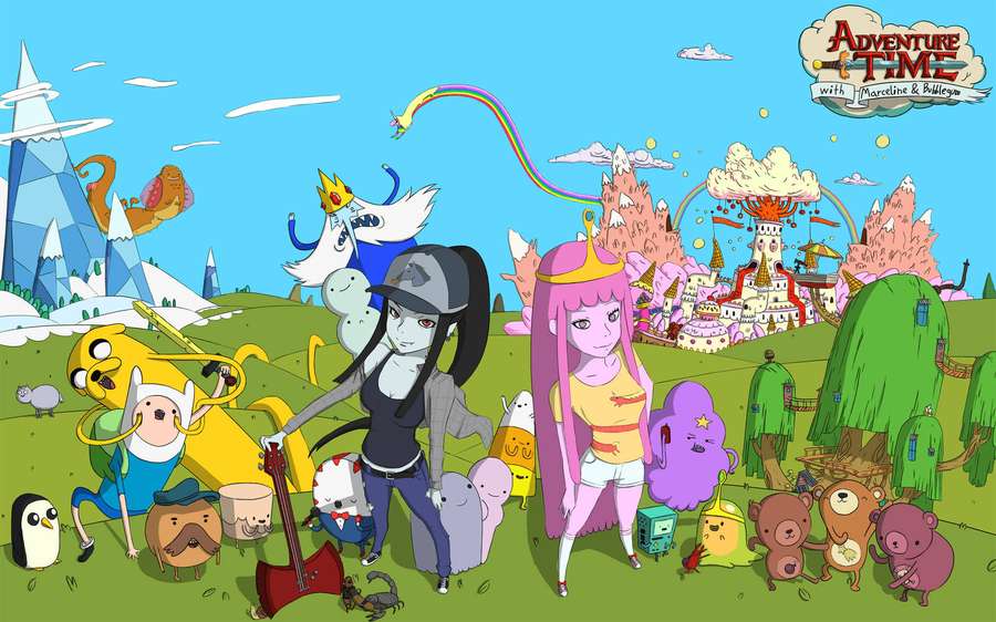 Personaggi di Adventure Time in paesaggio fantasy colorato con castello e drago arcobaleno — Adventure Time Sfondi