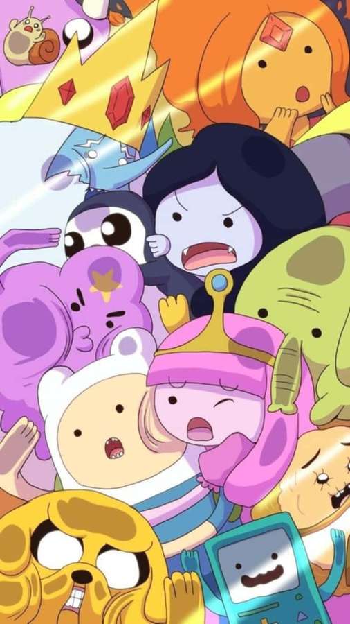 Adventure Time characters in a lively, chaotic group scene with bright colors and exaggerated expressions. — Adventure Time iPhone Wallpaper