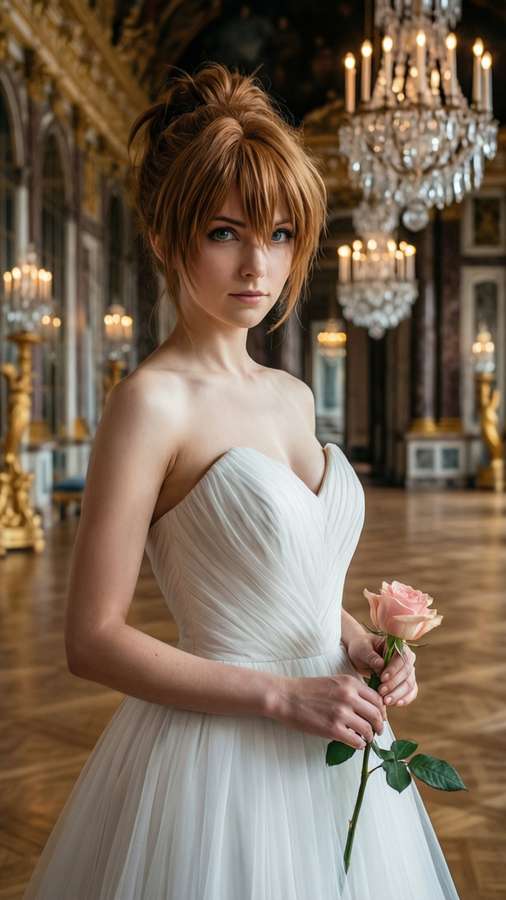 Aerith in a white dress at a ballroom, holding a rose — Aerith Gainsborough Wallpaper