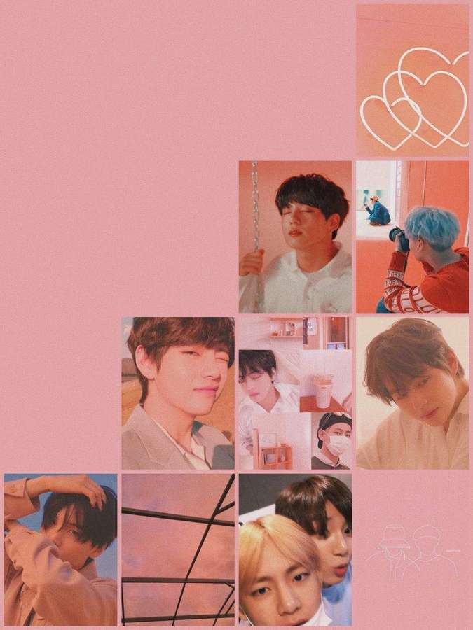 Pink-toned collage featuring young men in various poses and settings. — Aesthetic Bts Wallpaper