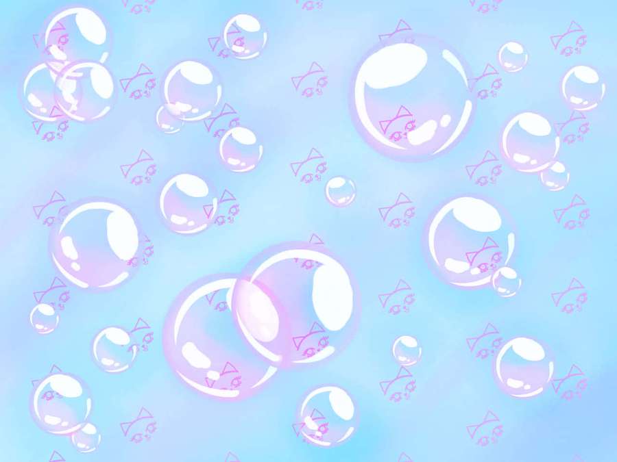 Floating bubbles with pink bows and faces on a soft blue background. — Aesthetic Bubbles Wallpaper