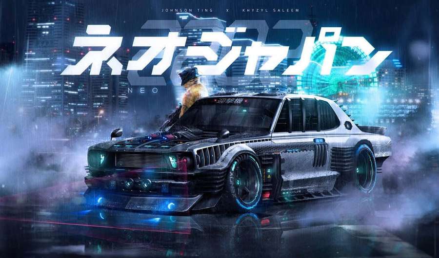 Futuristic car with glowing neon lights on a rainy cyberpunk city street at night. — Aesthetic Car Wallpaper