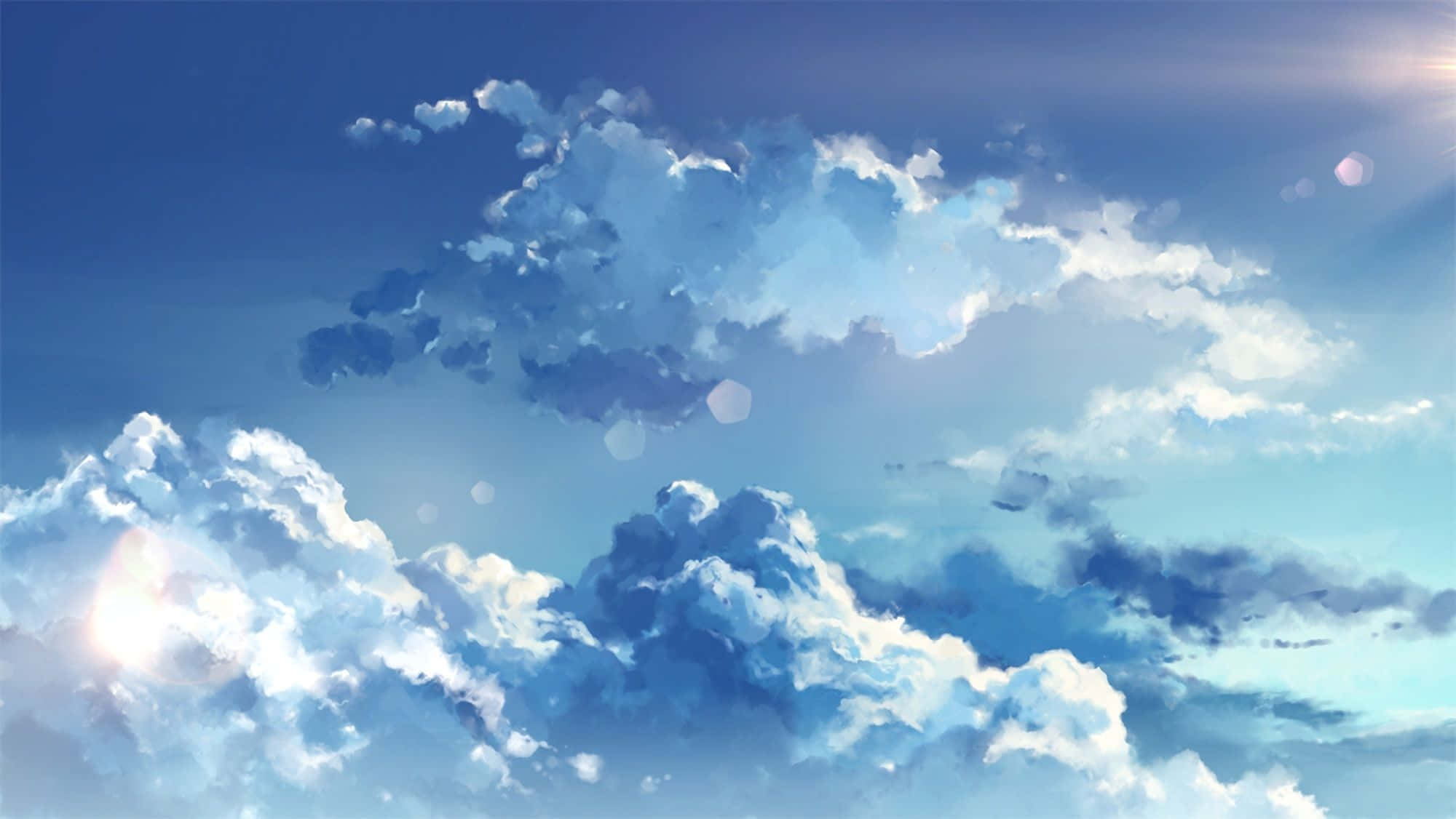 Serene blue sky with fluffy white clouds and bright sun rays. — Aesthetic Cloud Background
