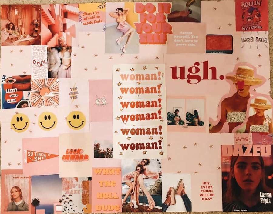 Pink motivational collage with quotes photos of women and smiley faces. — Aesthetic Collage Background