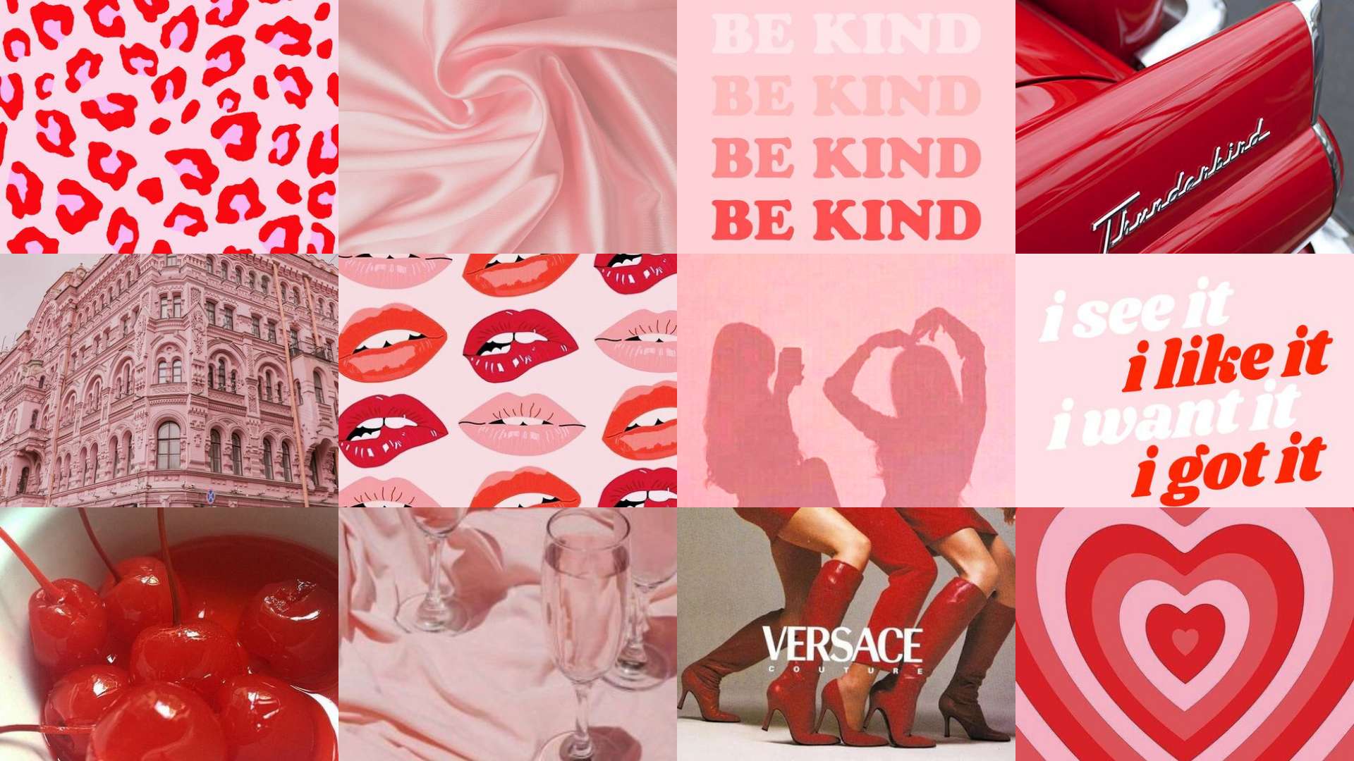 Pink-themed collage with cherries lips car and fashion elements. — Aesthetic Computer Background