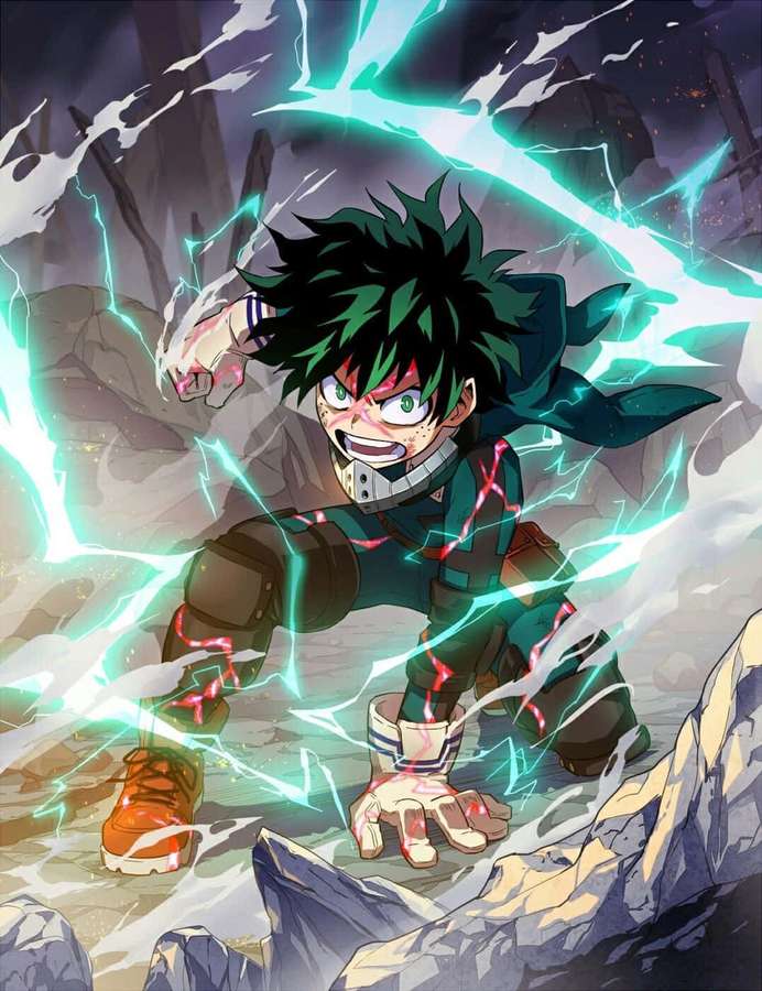 Anime character with green hair unleashing electric power in a rocky cave. — Aesthetic Deku Background