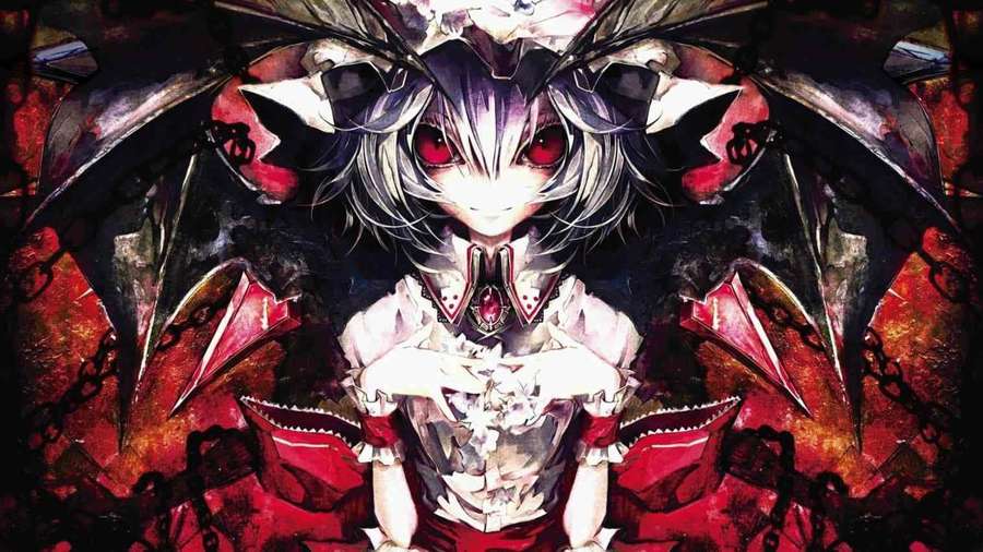 Chica anime con ojos rojos y alas de murciélago en vestido gótico sobre fondo rojo ardiente. — Aesthetic Demon Fondos de pantalla