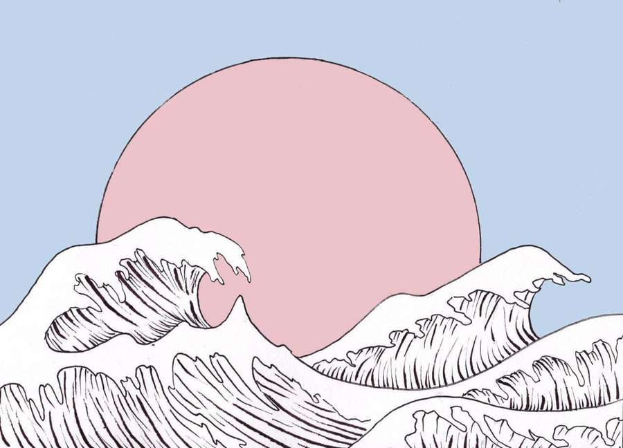 Stylized ocean waves with a pink sun in a minimalist line-art design. — Aesthetic Desktop Background
