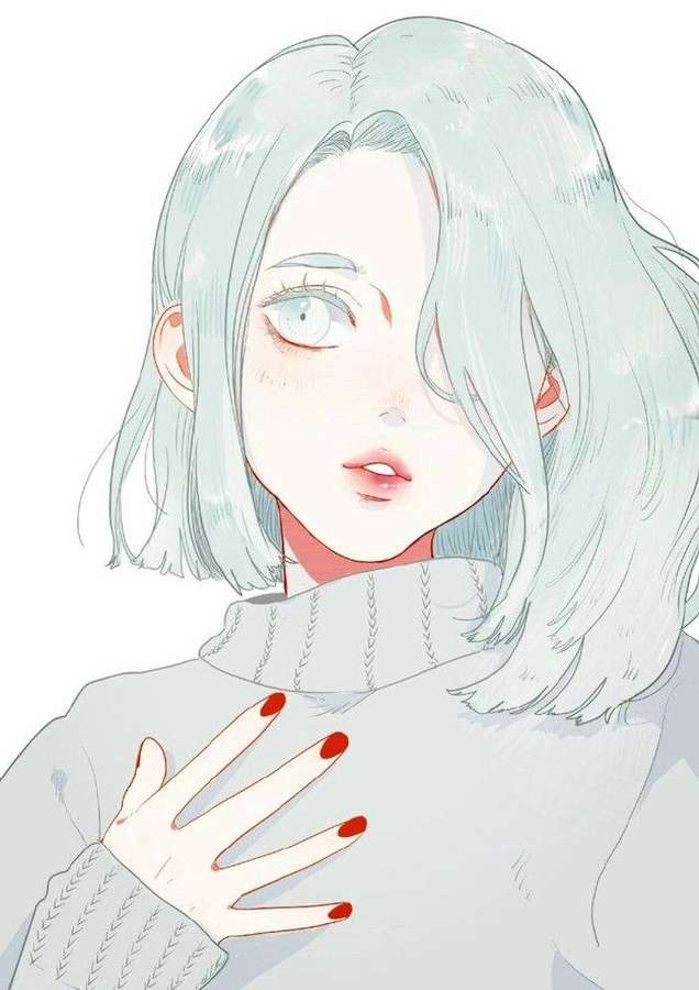 Anime girl with blue hair and red nails wearing a gray sweater. — Aesthetic Drawings Wallpaper