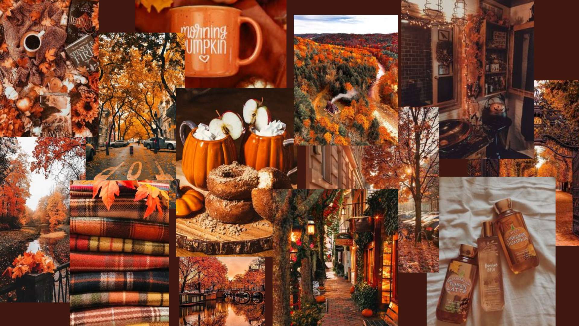 Cozy autumn collage with pumpkins donuts plaid blankets and leafy streets under warm sunset light. — Aesthetic Fall Background