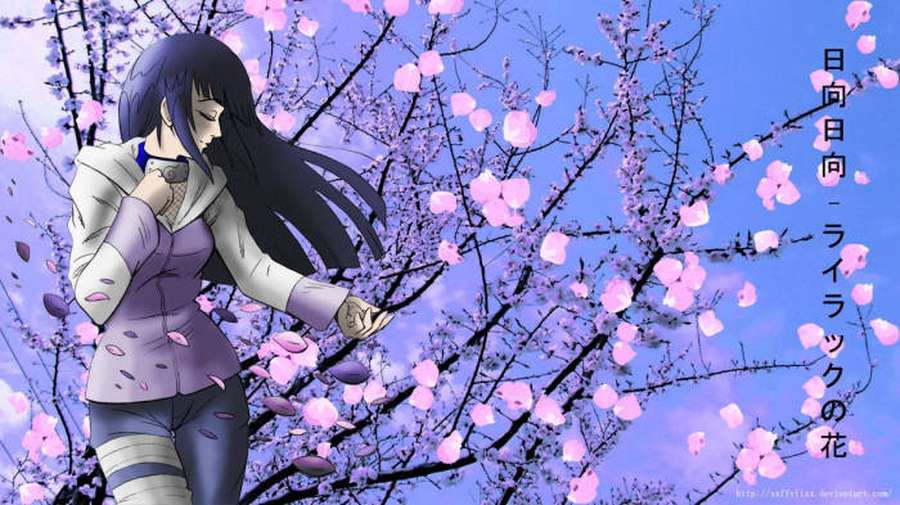 Anime girl under cherry blossom tree with falling petals at twilight. — Aesthetic Hinata Wallpaper