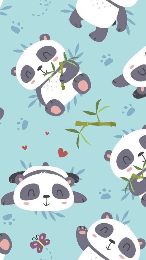 Cute cartoon pandas eating bamboo or resting on a light blue background with paw prints and hearts. — Aesthetic Panda Wallpaper