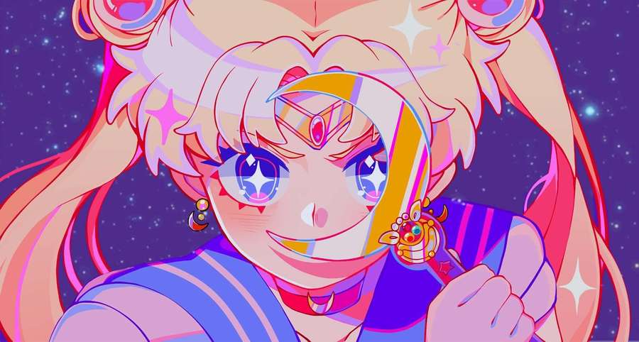 Anime girl with pink hair and moon tiara holding a glowing wand in starry sky. — Aesthetic Sailor Moon Background