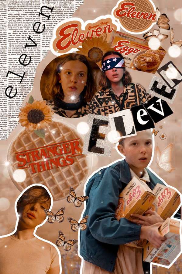 Eleven from Stranger Things holding Eggo waffles with butterflies and sunflowers. — Aesthetic Stranger Things Eleven Wallpaper