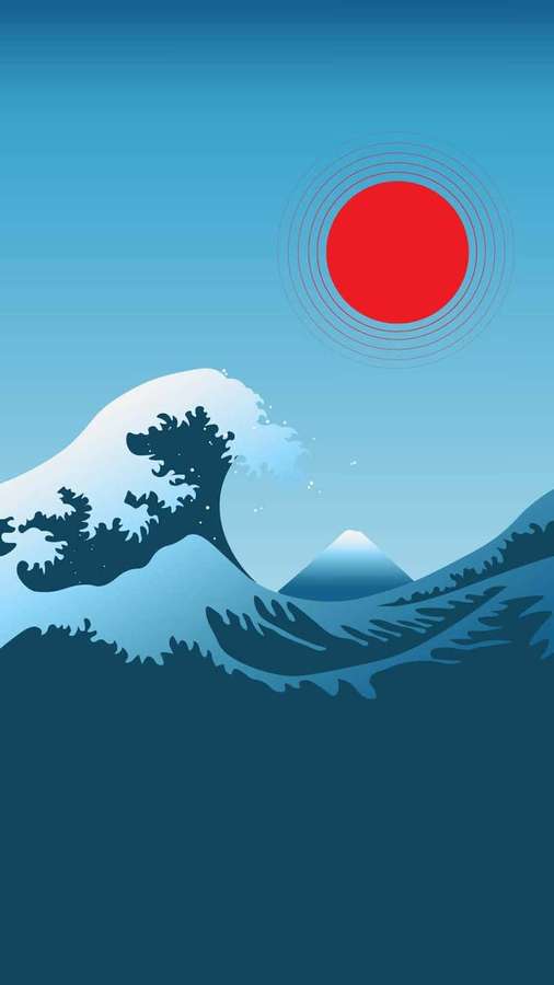 A stylized wave under a red sun with mountains in the background. — Aesthetic Wave Wallpaper