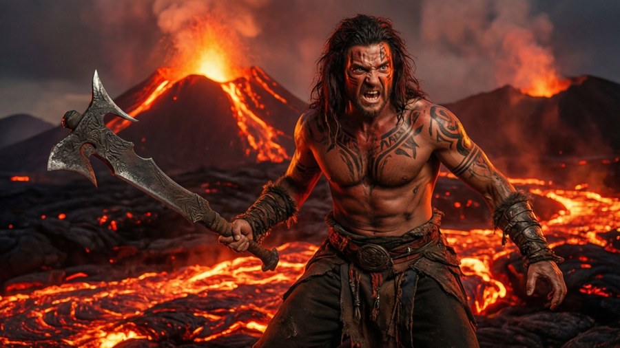 Aether in a volcano, shirtless with markings, fierce. — Aether Wallpaper