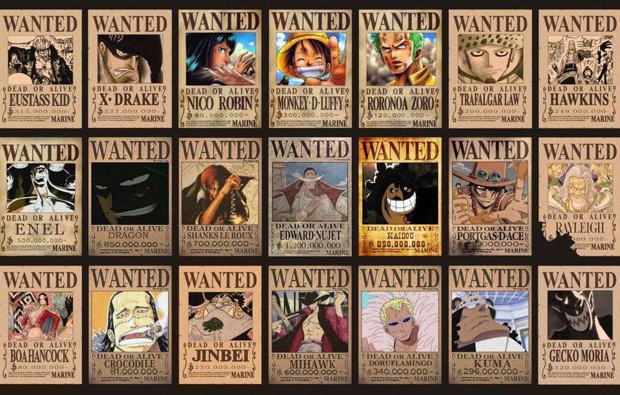 Raster von One Piece Anime Steckbriefen mit Charakterporträts und Kopfgeldbeträgen. — Affe D Drache Wallpaper
