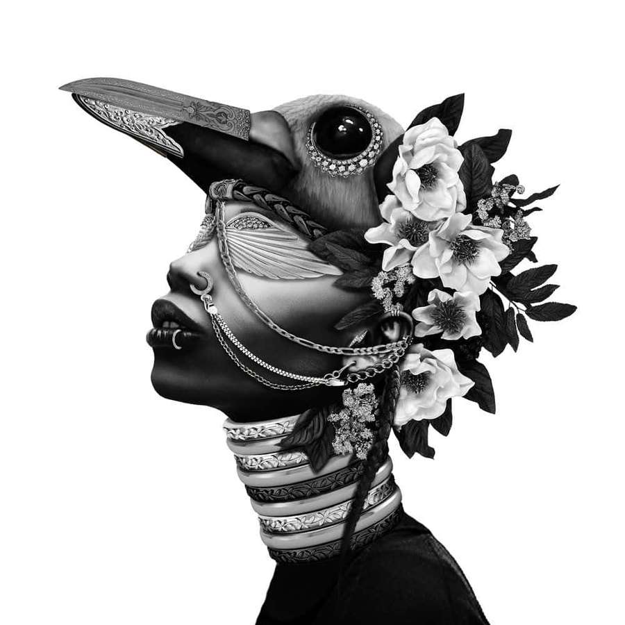 A woman with a bird beak and floral crown wearing ornate jewelry. — Afrofuturism Wallpaper