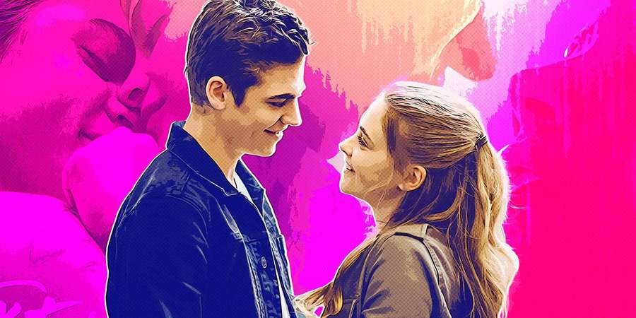 A smiling young couple in a vibrant pink abstract digital-art portrait. — After Picture