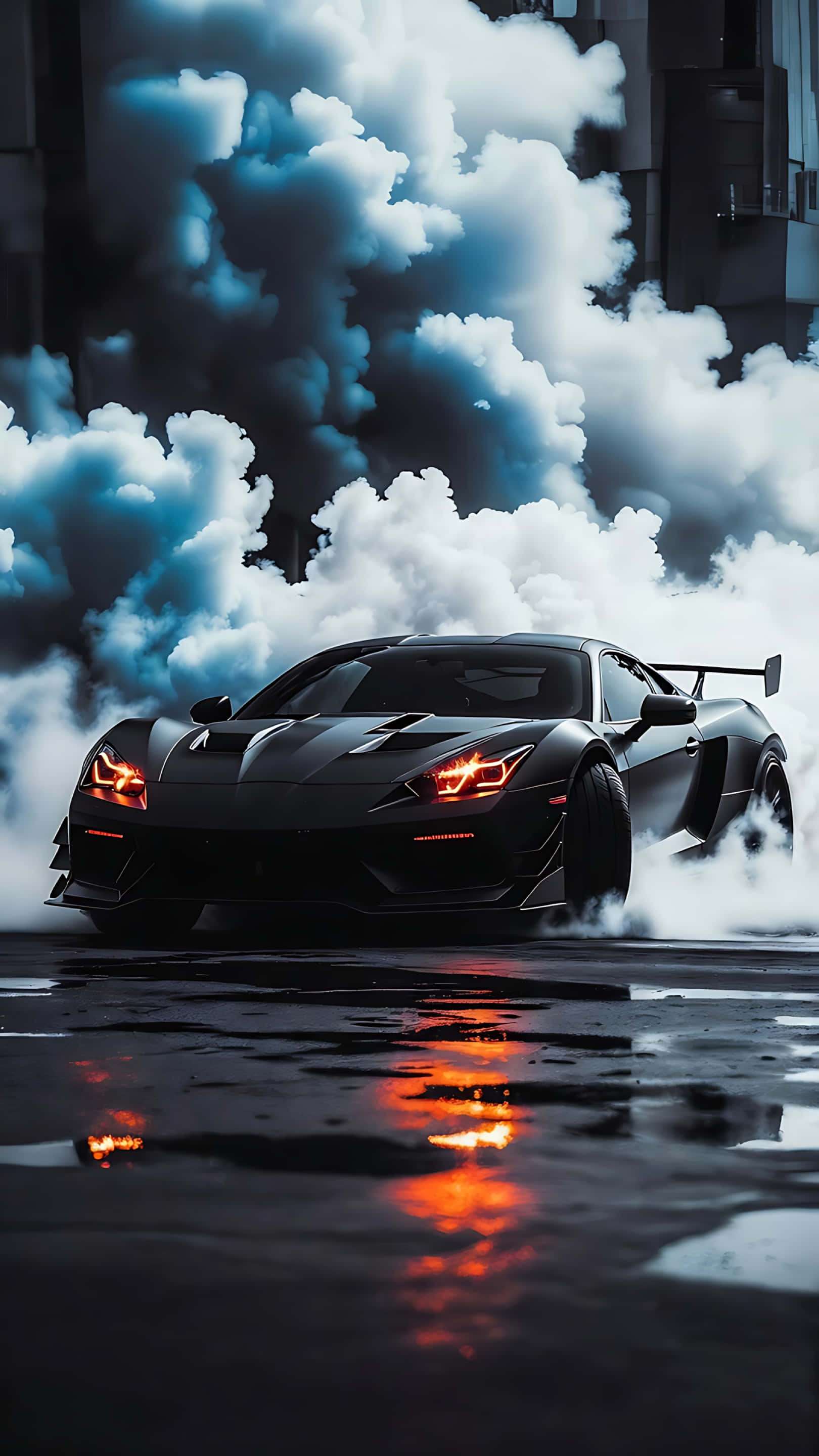Black sports car drifting in storm clouds on wet city street at night. — Aggressive Picture