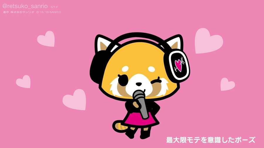 Um panda vermelho cartoon canta em um microfone usando fones de ouvido com corações flutuando. — Aggretsuko Papéis de Parede