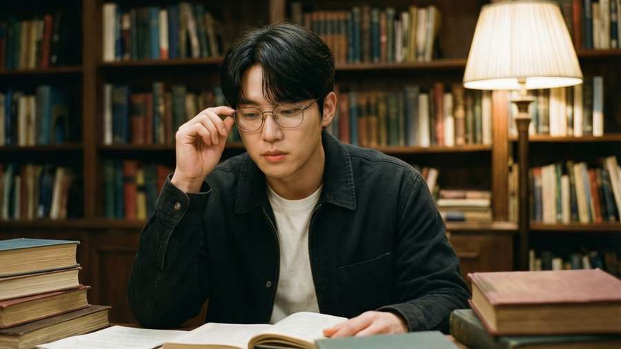 Young man reading books in a cozy library with lamp and bookshelves. — Ahn hyo seop Background