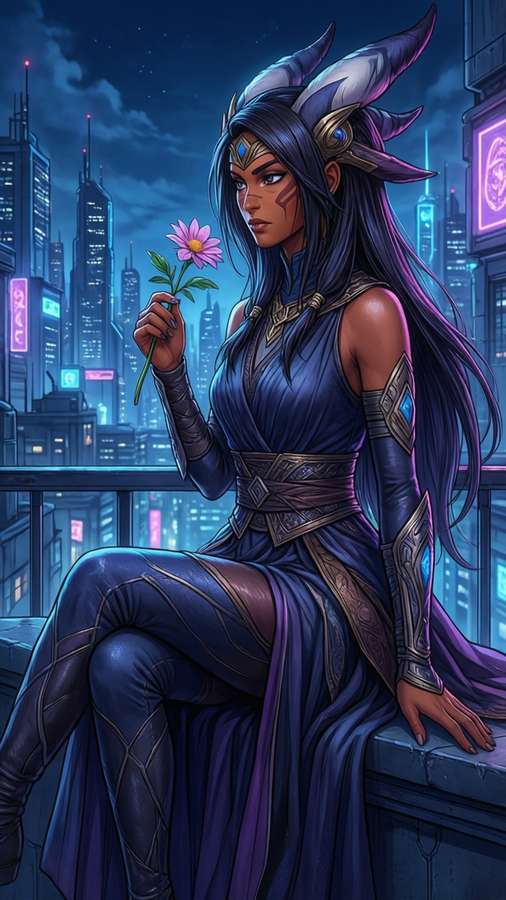 Ahsoka in a cyberpunk cityscape at night, dressed elegantly. — Ahsoka Wallpaper