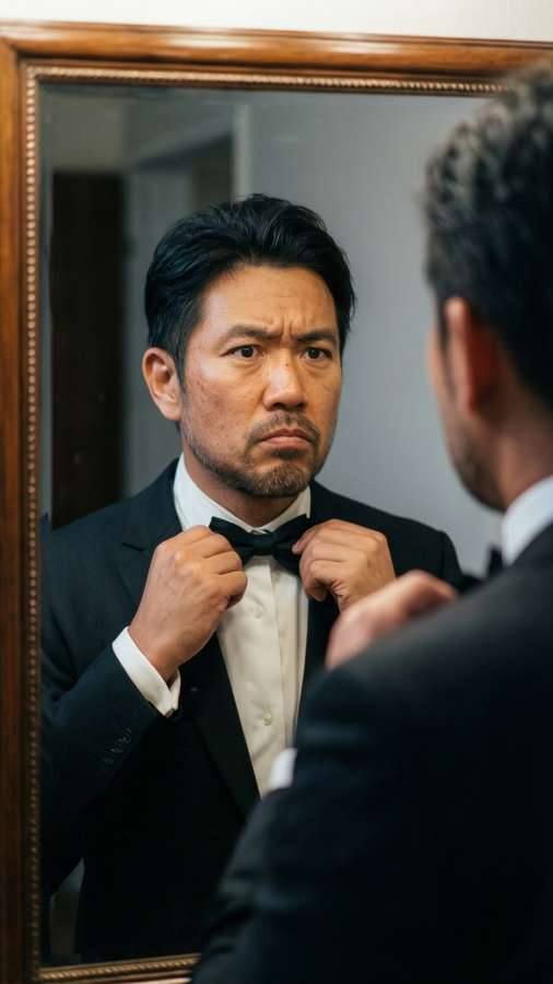 Aiga Akaba preparing before a performance, adjusting bow tie. — Aiga Akaba Wallpaper