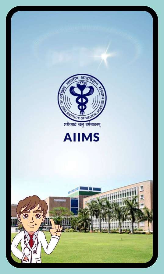 Cartoon doctor pointing at AIIMS logo on phone screen above campus with palm trees and buildings. — Aiims Wallpaper