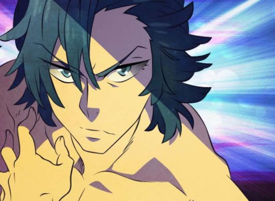 Personaje de anime con mirada intensa y ojos brillantes contra un fondo de energía colorido. — Aikuro Mikisugi Fondos de pantalla