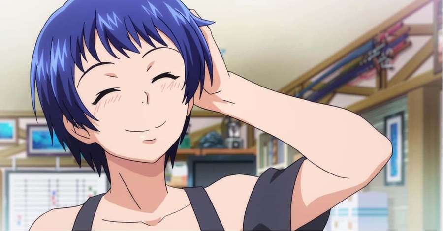 Anime girl with blue hair smiling and touching her head indoors. — Aina Yoshiwara Wallpaper