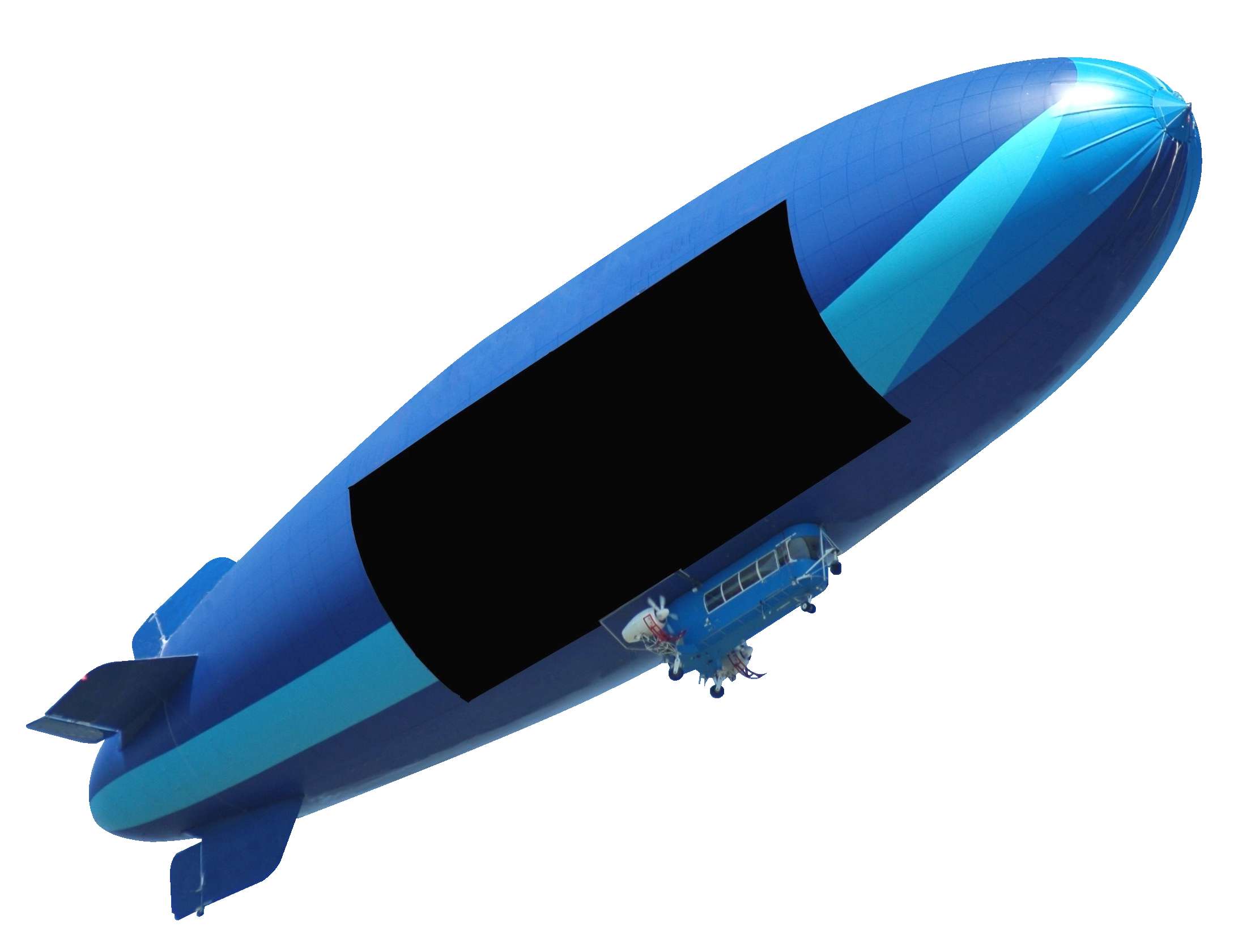 A blue futuristic airship with a gondola floating in a white void. — Air PNG