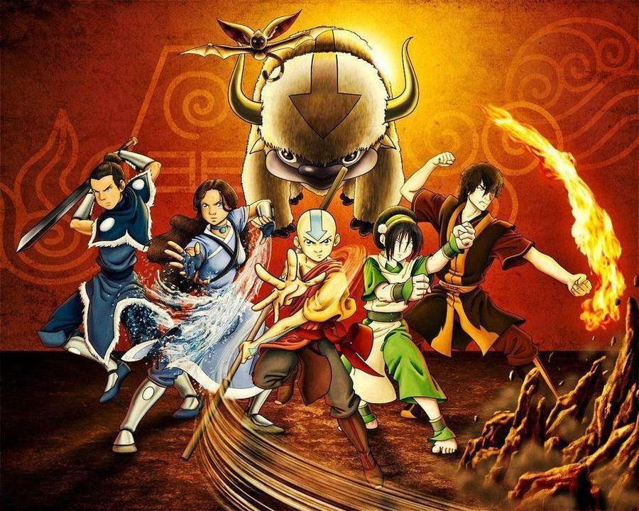 Avatar characters wielding elemental powers with a spirit bison in the background. — Airbender Background