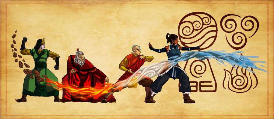 Vier geanimeerde beheersers die de elementen aarde, vuur, lucht en water gebruiken op een rol met elementaire symbolen. — Airbender Achtergronden