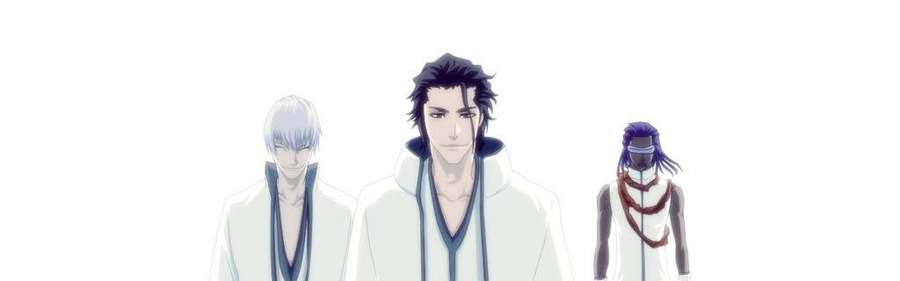 Three anime characters in white robes with different hair colors and expressions. — Aizen Background