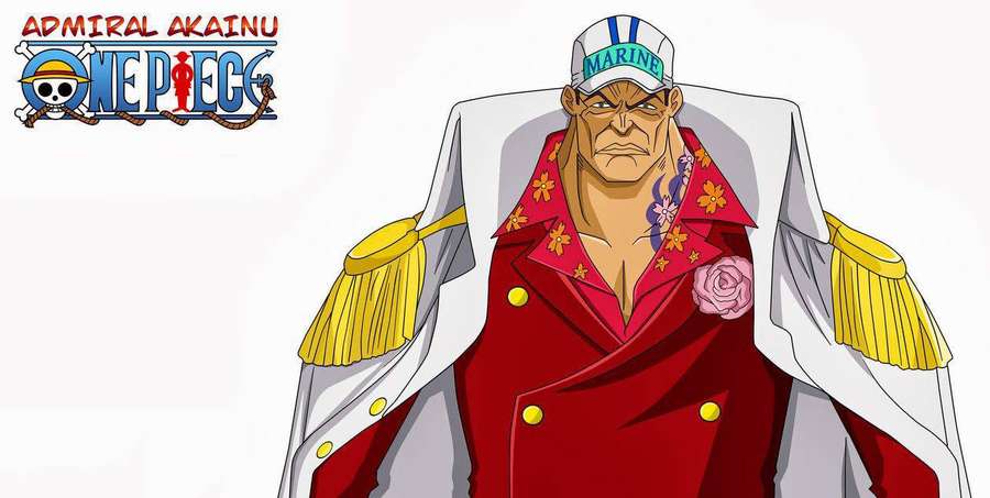 Anime-Admiral in roter Militäruniform mit goldenen Epauletten und weißem Umhang. — Akainu Wallpaper