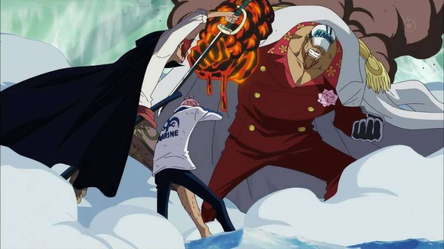 Two anime characters fighting with a flaming sword in snowy ocean waves. — Akainu Picture