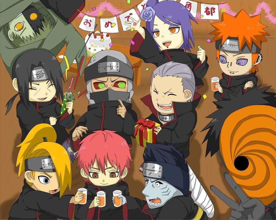 Chibi anime ninjas celebrate with drinks and gifts at a festive party. — Akatsuki Chibi Wallpaper