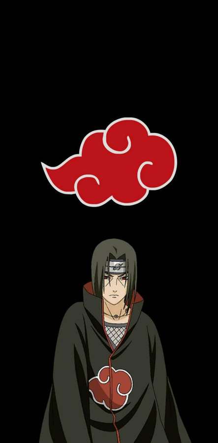 Anime ninja in dark cloak with red cloud emblem against black background. — Akatsuki Cloud iPhone Wallpaper