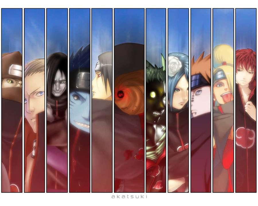 Nine Akatsuki members from Naruto in vertical portrait with red cloaks and serious expressions. — Akatsuki Drawing Wallpaper