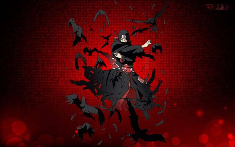 Anime-Ninja umgeben von Krähen auf rotem strukturiertem Hintergrund mit leuchtenden Kugeln. — Akatsuki Itachi Wallpaper
