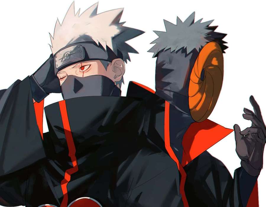 Dos ninjas de anime con túnicas negras de Akatsuki y nubes rojas están de espaldas. — Akatsuki Kakashi Fondos de pantalla