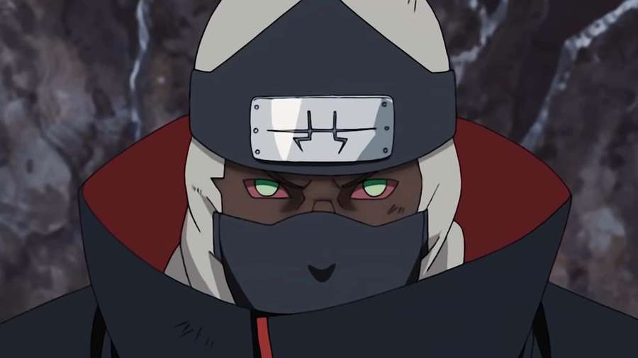 Ninja de anime con ojos verdes brillantes y máscara de pie en un acantilado rocoso. — Akatsuki Kakuzu Fondos de pantalla