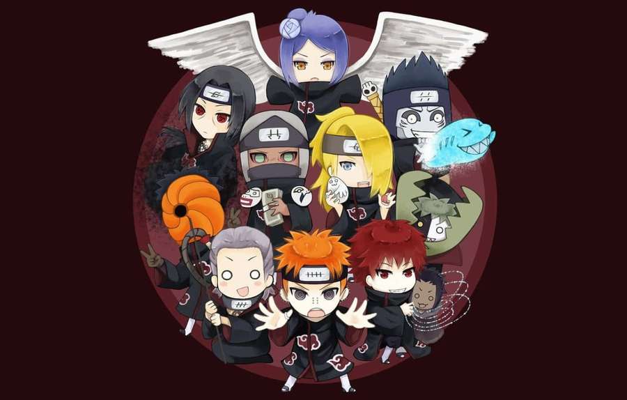 Chibi anime ninja characters from Akatsuki in black cloaks with red clouds. — Akatsuki Naruto Shippuden Wallpaper