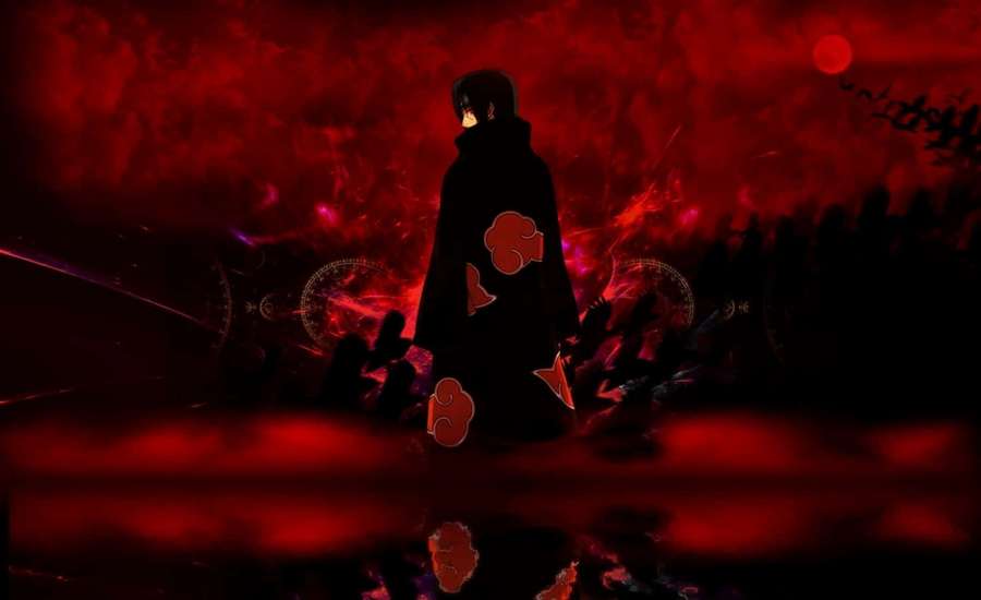 Anime character in black cloak with red cloud symbols standing in dark red fiery scene. — Akatsuki Ninja Wallpaper