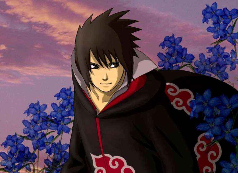 Anime-ninja mustassa viitassa punaisilla pilvillä sinisten kukkien ympäröimänä auringonlaskussa. — Akatsuki Sasuke Taustakuvat