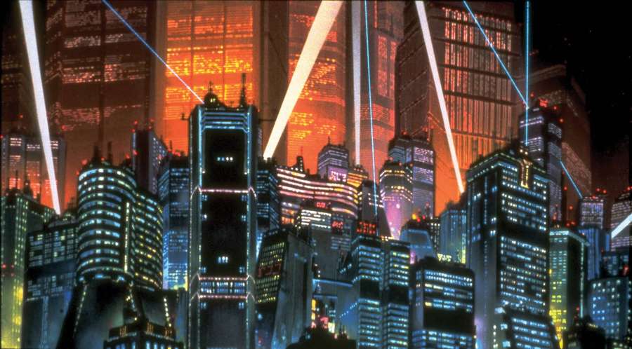 Futuristische Stadtsilhouette bei Nacht mit leuchtenden Wolkenkratzern und Laserstrahlen. — Akira Bilder