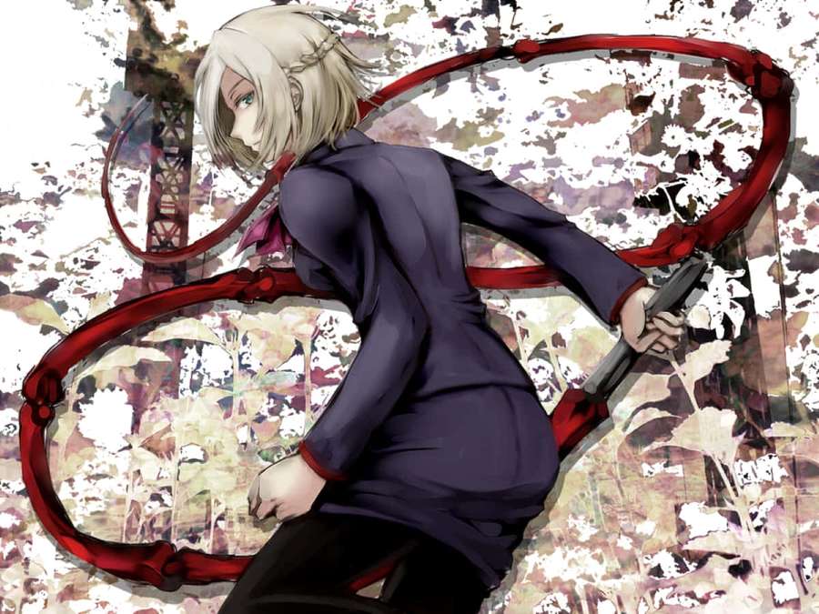 Chica anime de cabello rubio empuñando un látigo rojo en una pose dinámica. — Akira Mado Fondos de pantalla