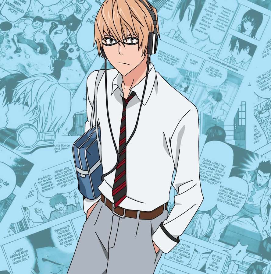Anime-Schüler mit Kopfhörern vor Manga-Panels. — Akito Takagi Wallpaper