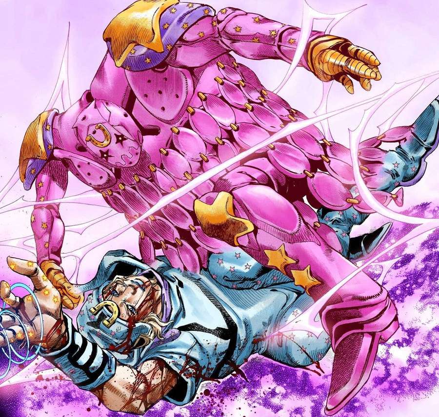 Anime-Figur in rosa Sternenrüstung greift gefallene blau gekleidete Figur in kosmischer Szene an. — Akt Wallpaper